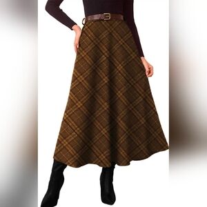 Elegant Checkered A-Line Skirt in Brown